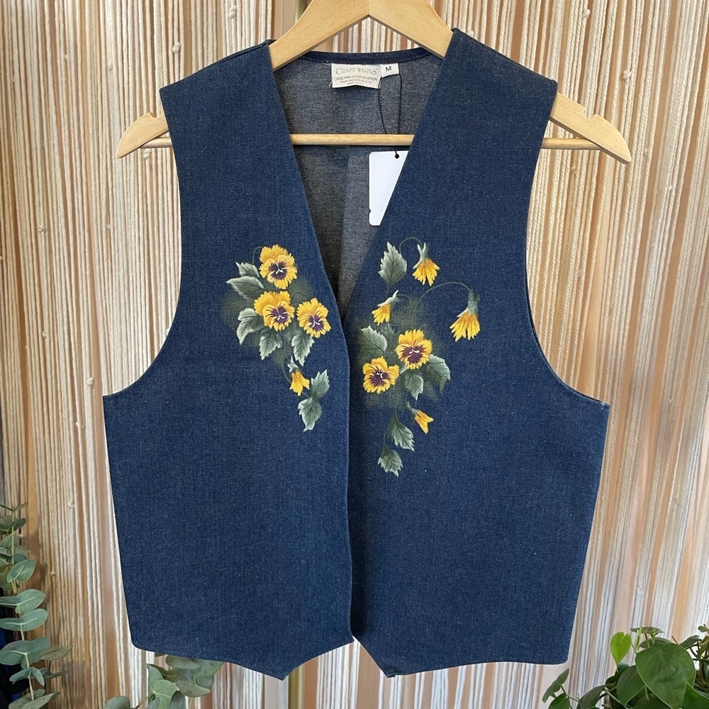 Vintage Hand Painted Denim Vest Floral Wearable Art Green Yellow Small (S)